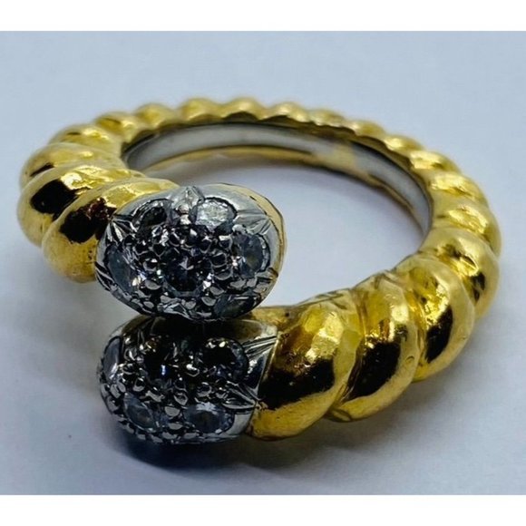 David Webb 18K Platinum Diamond Crossover Bypass Hammered Ring - Picture 9 of 12